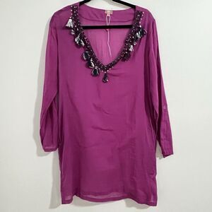 Echo Coverup Dress Size S Pink Tassel Neck Beach Resortwear Vacation Lightweight